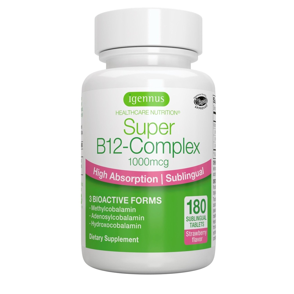 Igennus Sublingual Vitamin B12 Kompleksi 1000, Metilcobalamin, Adenosylcobalamin & Hydroxocobalamin, High Abors & Clean, 180 Servisler, Sugar-Free & Vegan