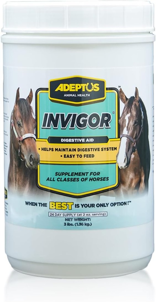 Adeptus Nutrition Invigor Equine Digestive Support Supplement, Daily Prebiotic Yeast Formula with Hydrolyzed & Dehydrated Yeast, Low-Sugar Feed Topper for All Classes of Horses, 3 Lbs