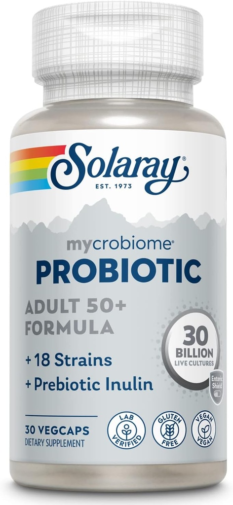 SOLARAY Mycrobiome Probiotic Adult 50 Plus Formula, Probiotics for Women and Men, Healthy Digestion, Metabolism, Energy, Colon and Urinary Tract Support, 30 Billion CFU, 30 Servings, 30 VegCaps