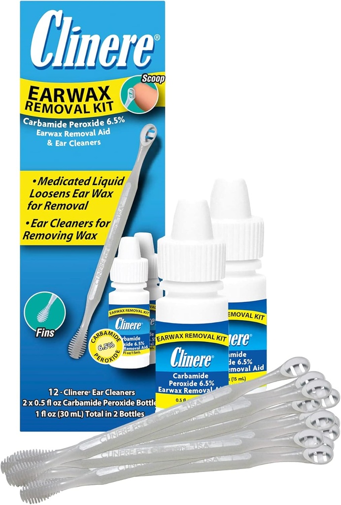 Clinere Earwax Removal Kit, Güvenli ve Gally Clean Ear Wax, Itch Relief, Works Instantly .5oz Carbamid Peroksi, 2 x .5 Fl Oz 12 Sticks ile