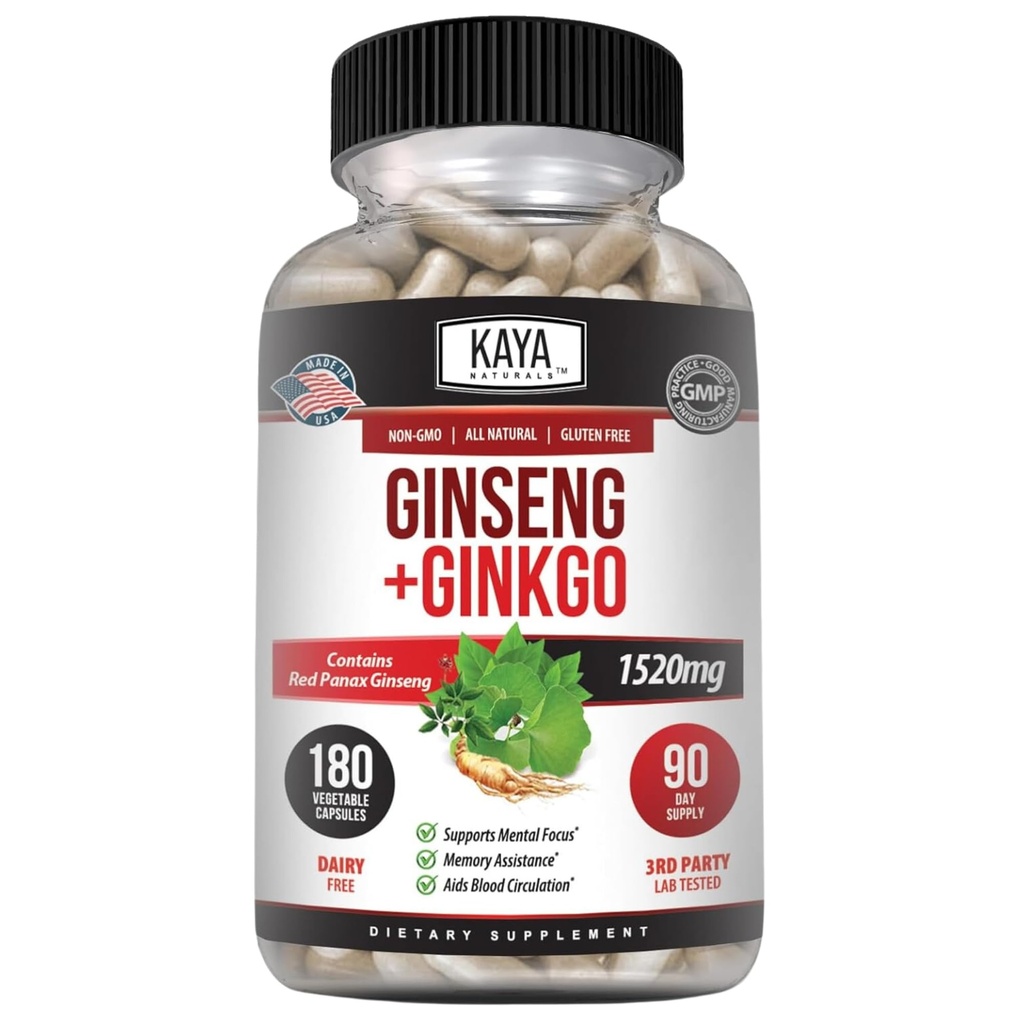 Kaya Naturals Red Panax Ginseng + Ginkgo Biloba - Nootropic Brain Supplement - Bilal ve Concentration Support - Beyin ATM, Focus ve Memory Supplement - 180 Capsules