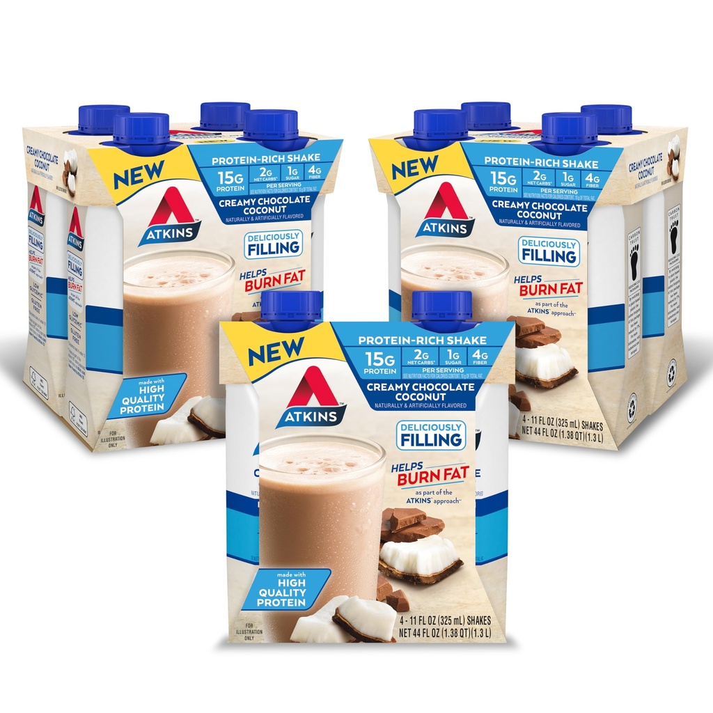 Atkins Creamy Chocolate Coconut Protein Shake, 15g protein, 2g Net Carbs, 1g Sugar, Keto Friendly, 12 Count