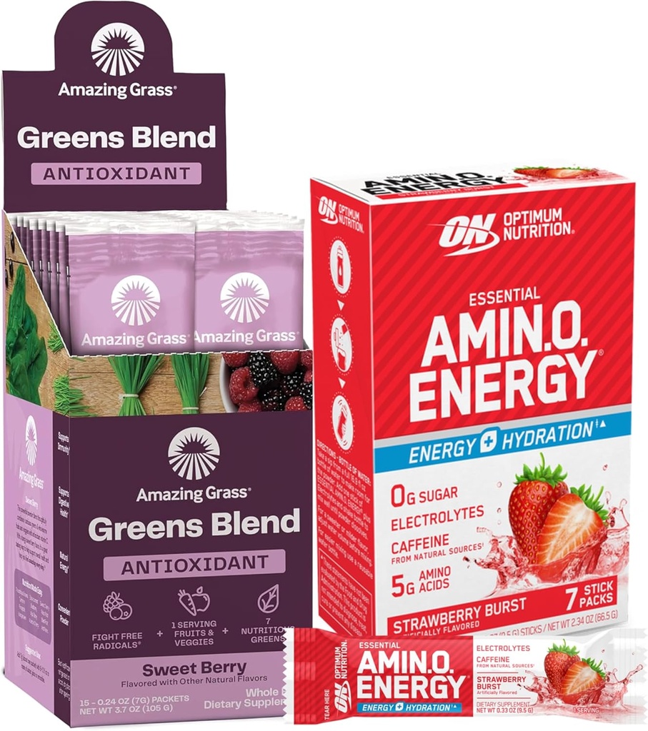 Mükemmel Beslenme Temelleri Enerji Plus Elektrolytes Stick Packs, Enerji Toz, Strawberry Burst, 7 Kont Greens Superfood Antioksi: Sweet Berry, 15 Hizmet
