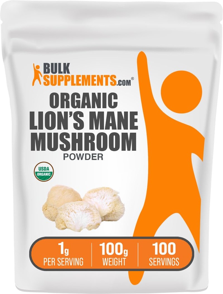 BulkSupplements.com Organik Lions Mane Mushroom Toz - Lions Mane Toz, Mushroom Supplement - Vegan & Gluten Free, 1g per Service, 100g (3.5 oz) (Pack of 1)