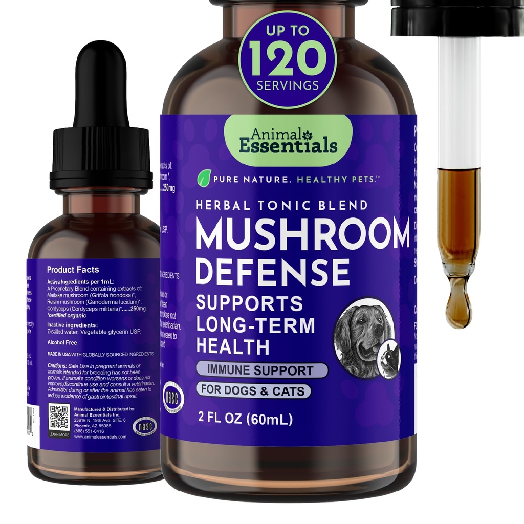 Animal Essentials Mushroom Defense - Immune System Support for Dogs & Cats, Natural Antioksi, Mushrooms, For All Ages, Organic Herbs - 2 Fl Oz