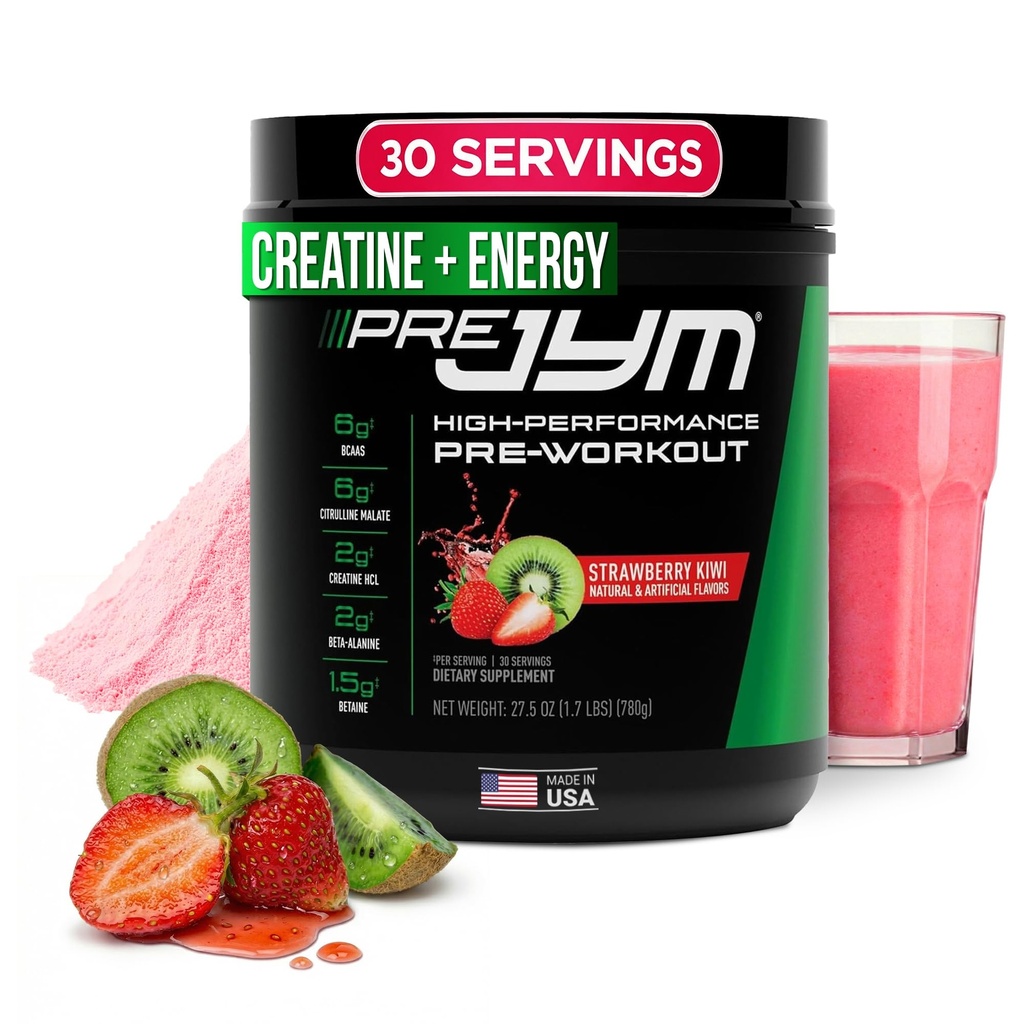 JYM Supplement Science Pre JYM Strawberry Kiwi Pre Workout Toz - BCAAs, Nootropics, Kretine HCI, Citrulline, Beta-Alanine, Betaine, Taurine, Huperzine 30 Hizmetler