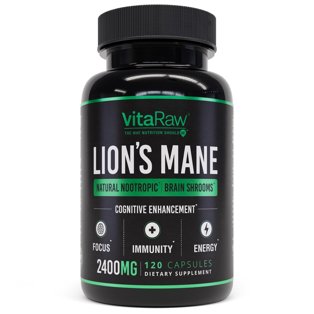 VitaRaw Organic Lions Mane Supplement Capsules 2400 mg - Powerful Nootropic - Helps Maintain Memory, Energy, and Mental Clarity - Vegan Brain Booster Focus Pills - Real Lion's Mane Supplement