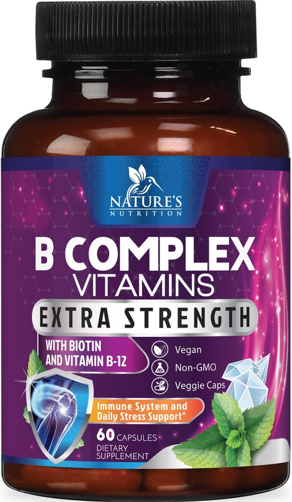 B Kompleks Vitaminleri Capsules - B12 B6 B100 C Biotin Folate & Folic Asit - Kalp için Tamam, Beyin ve Nerve Destek - Immune & Enerji Desteği için Super Complete B-Complex - 60 Capsules