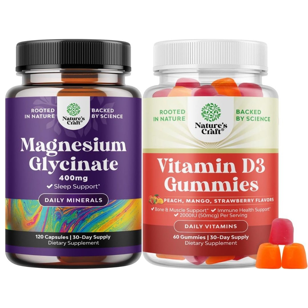 Pure Magnezyum Glycinate 400 mg Per Mood Sleep ve Relaxation ve Vitamin D3 Günlük Wellness veya Bone Muscle & Immune Support