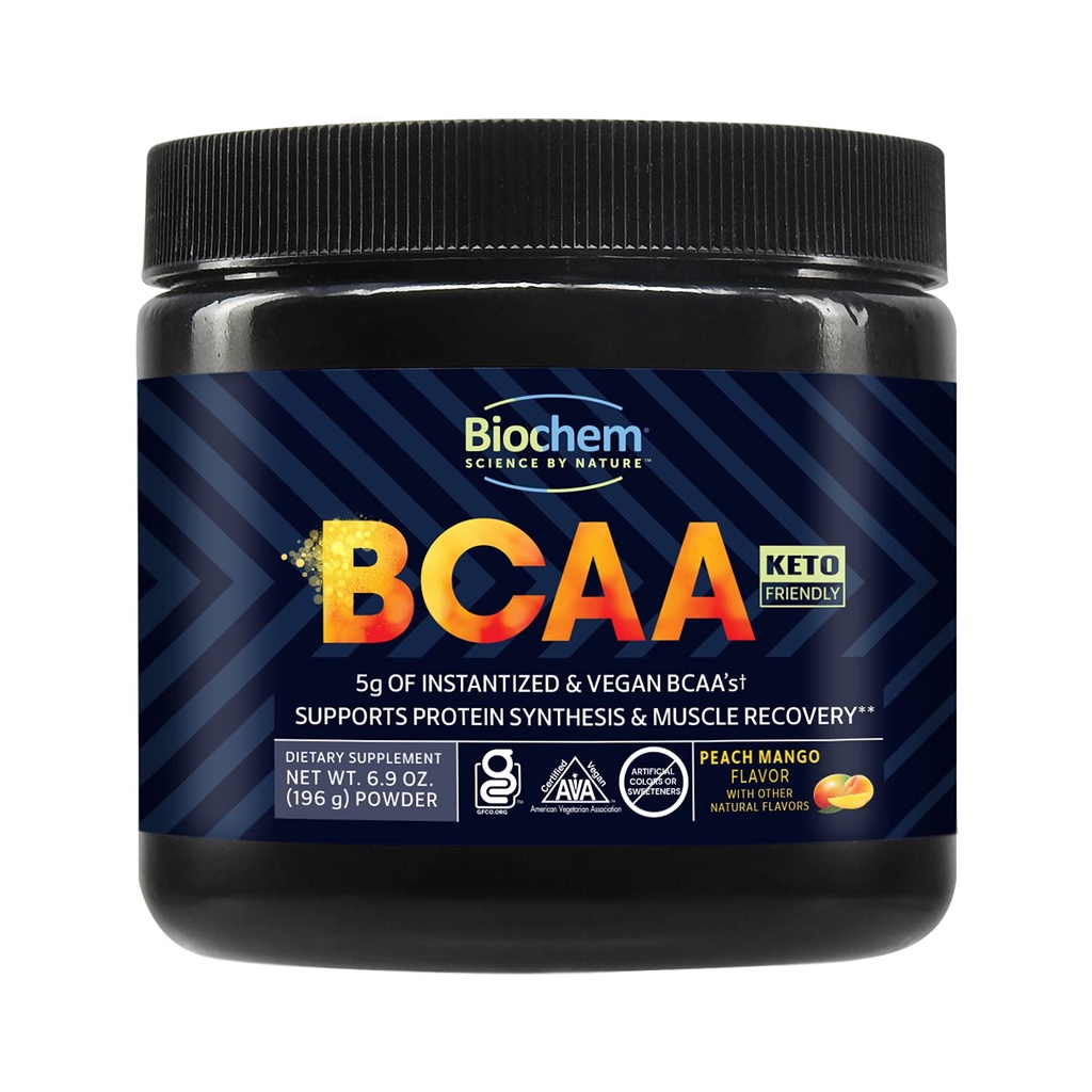 Biochem BCAA Toz Peach Mango 5g – 30 Hizmetler | Vegan, Gluten Free, Keto, Instantized 2:1 BCAA Muscle Recovery için Tamam, Protein Synthesis & Hydration | Elektrolyte Amino Asit Toz