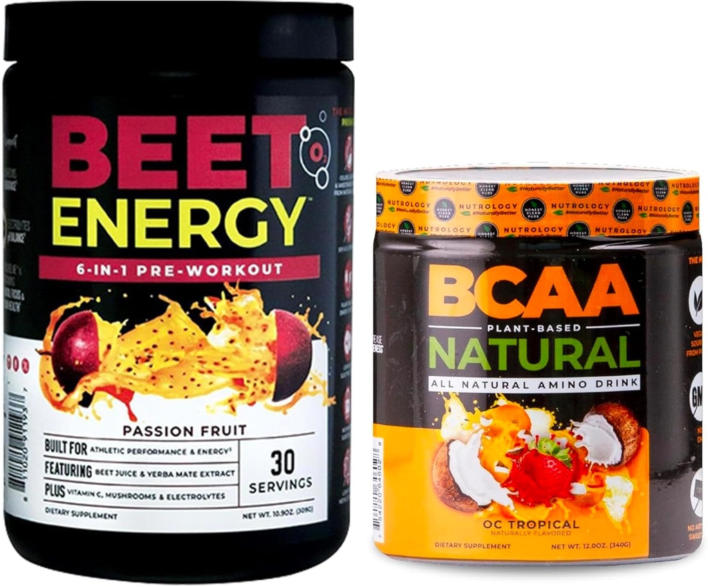 Nutrology Beet Natural O2, Pre Workout Toz, Passion Fruit Flavor (30 hizmet) BCAA Natural, Plant Based BCAA Toz, Orange Coconut Flavor (30 hizmet)