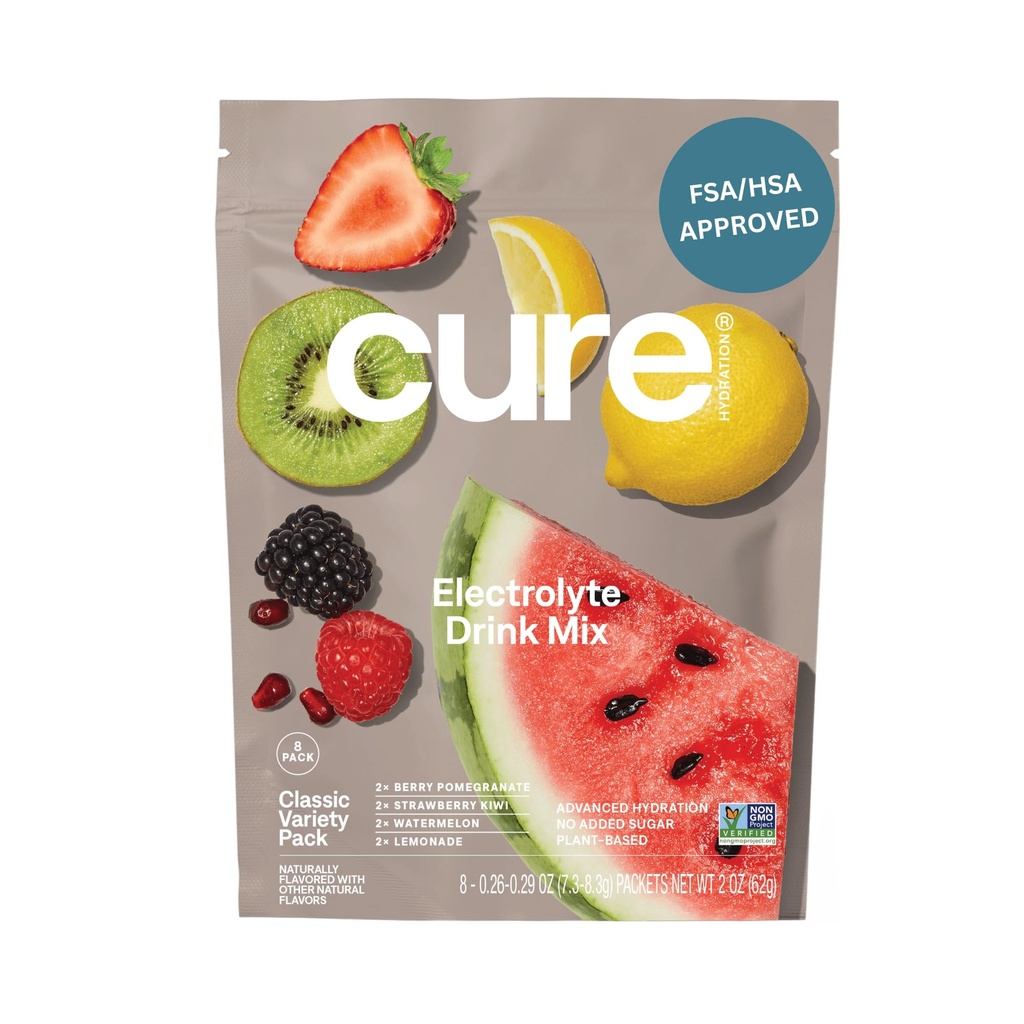 Cure Hydration | Plant-Based Electrolyte Drink Mix | Nodrew Sugar | FSA-HSA | Dehidrasyon Yardımı Tuvalet Su ile Yaptı | Non-GMO | Vegan | 8 Packets - Çeşitli Paket
