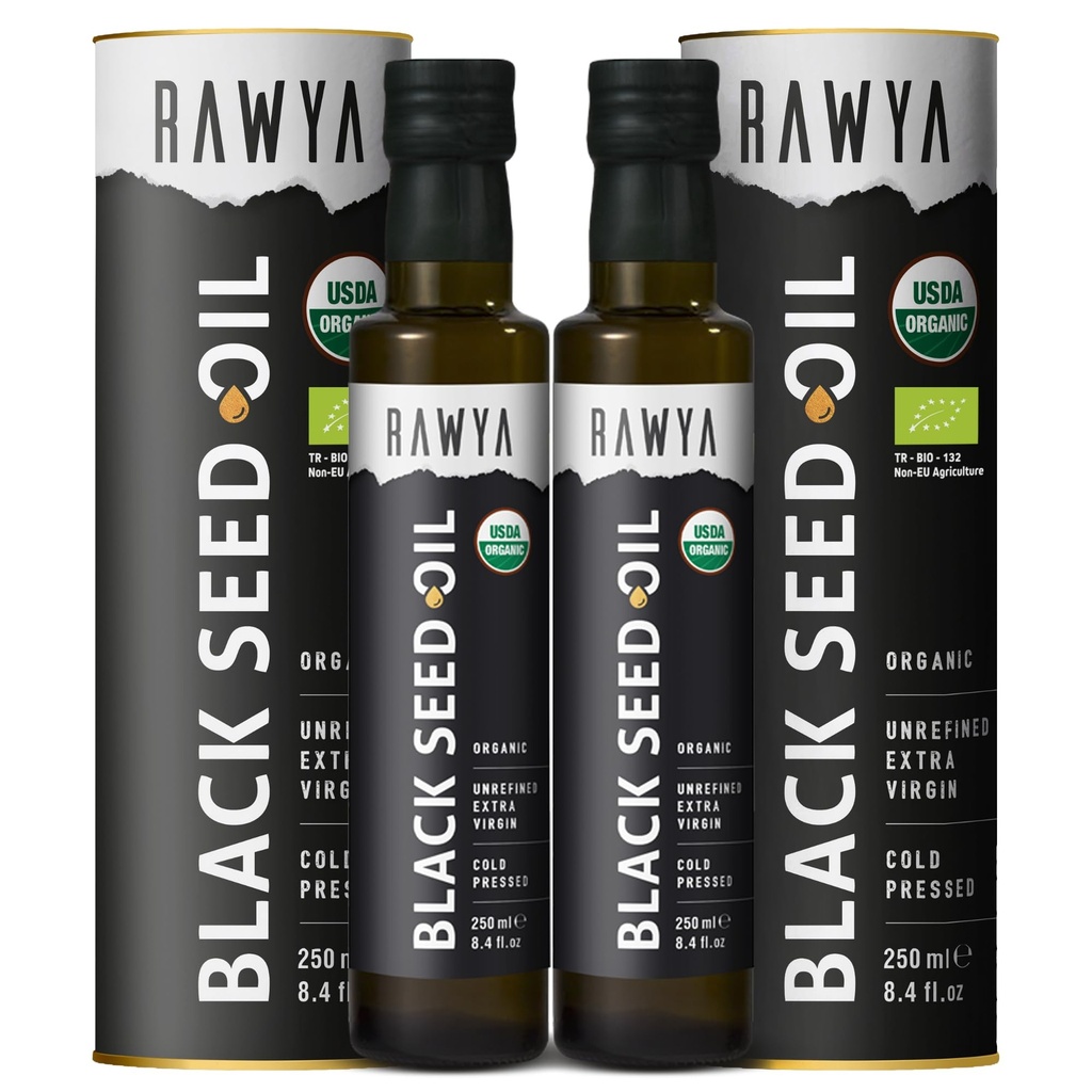 RAWYA Black Seed Oil - Organik Cold Pressed Nigella Sativa - Türk Kökeni - USDA Organik - Doğal Tamam - Siyah Cumin Tohum Petrol - Zengin Flavor & High Concentration - 250 ml Glass Şişe - 2 Pack