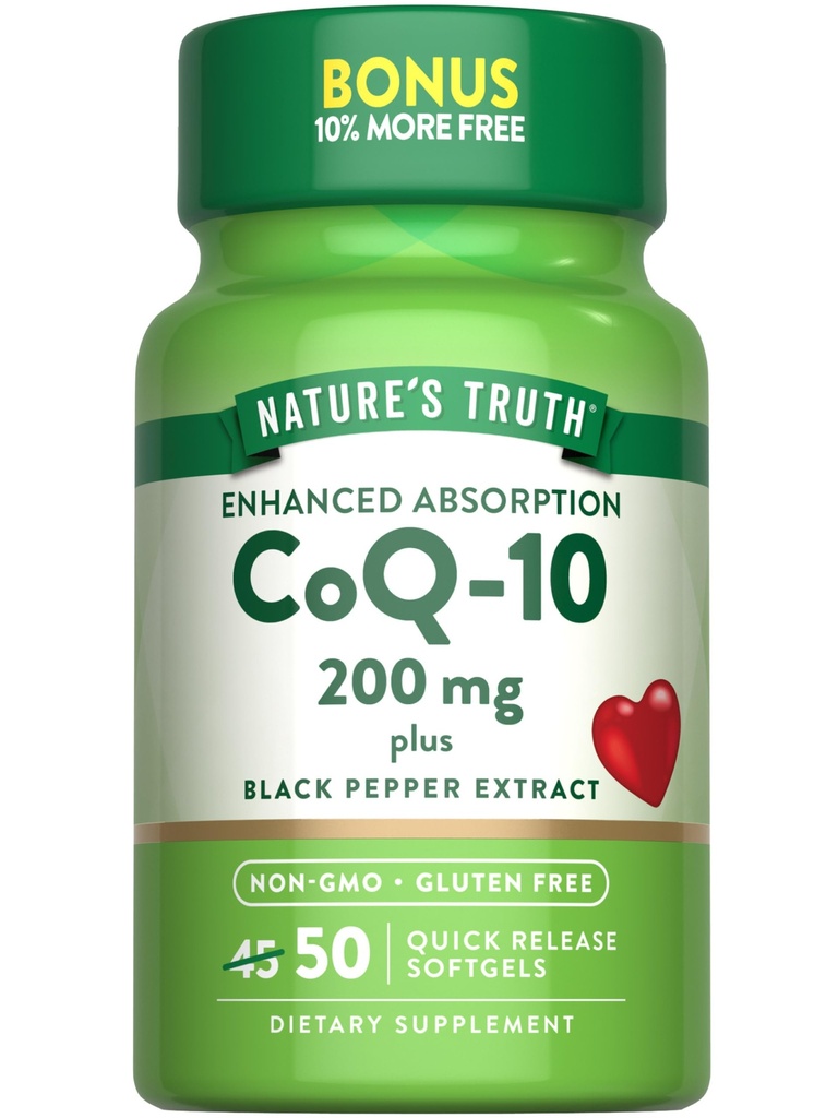 Nature's Truth CoQ10 200 mg Softgels | 50 Kont | Gelişmiş Aborpsiyon Tamam | Plus Black Pepper Extract | Non-GMO, Gluten Free