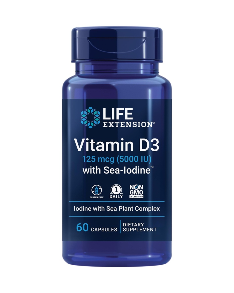 Life Extension Vitamin D3 with Sea-Iodine™, 125 mcg (5000 IU) – Immune Support, Bone Health, Thyroid Health – 1 Daily, Gluten-Free, Non-GMO – 60 Capsules