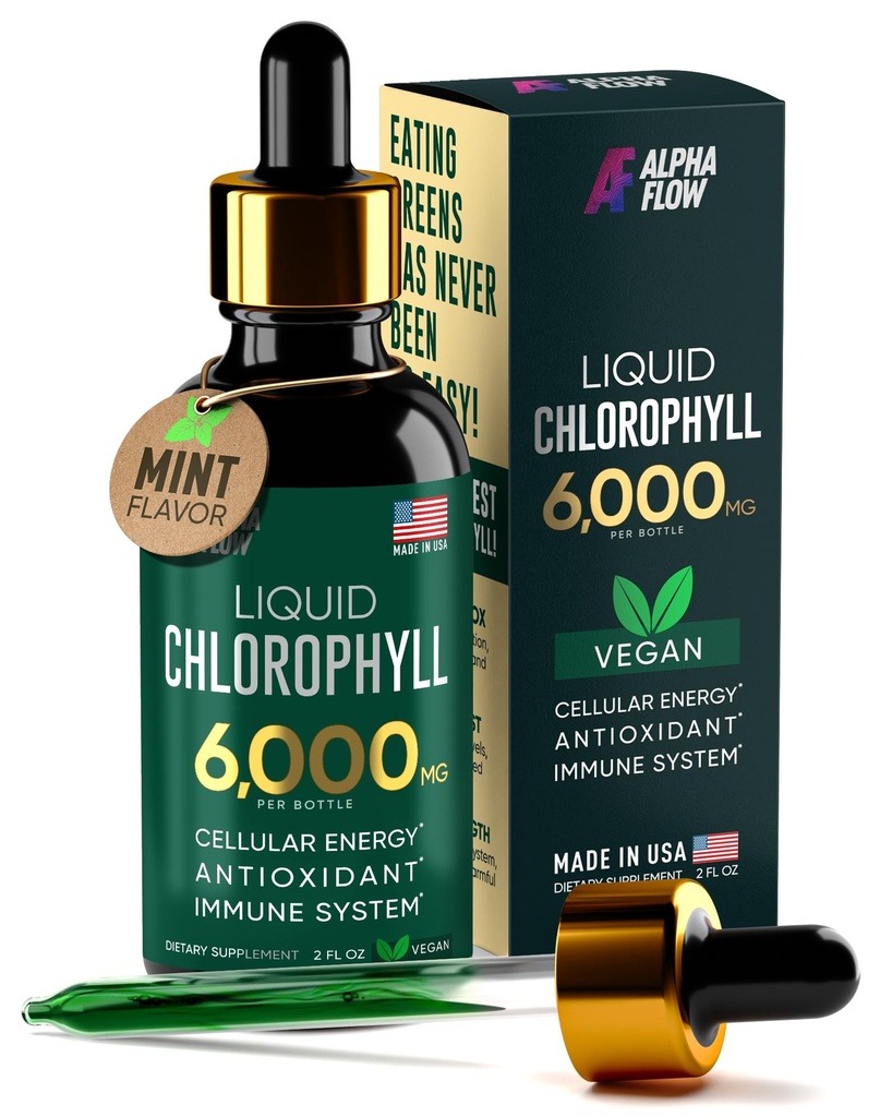 Alpha Flow Chlorophyll Liquid Drops 6000 mg - Premium Liquid Chlorophyll Supplement - All-in-One Antioxidant for Immune Boost, Energy Increase, Digestion Support & Fast Detox - Non-GMO, Vegan