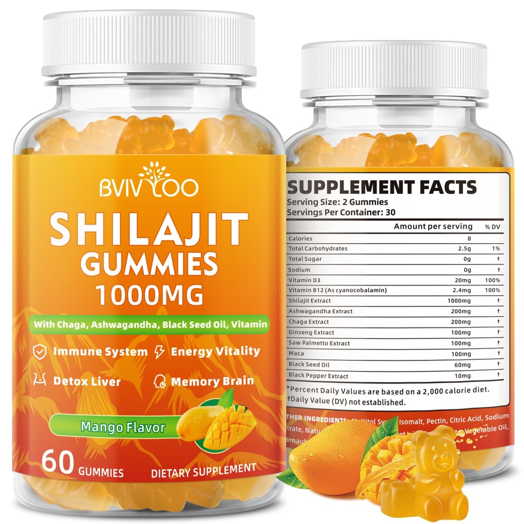Shilajit Gummies 1000 mg Sugar Free - Shilajit Supplement for Men & Women - High in 85+ Trace Minerals & Fulvic Acid - Energy, Brain, Immunity - 60 Gummies