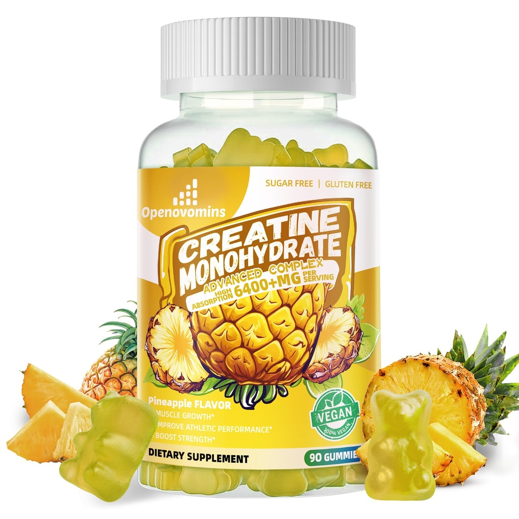 Erkekler ve Kadınlar için Kreatif Monohidrat Gummies Kompleksi - İleri Formula W/L-Taurine + Vitamin B12, Sugar Free Chewable Supplement,90 Pineapple Gummies Kompleks