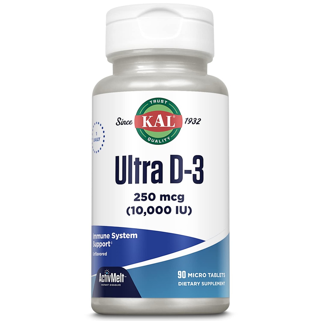 KAL Ultra D3 250 mcg (10000 IU), Yüksek Potency Vitamin D, Kalsiyum Aborpsiyon, Bone Health ve Immune Support Supplement, Instant Dissolve, Unflavored ActivMelt, 90 Hizmet, 90 Mikro Tablet, 90 Mikro Tablet