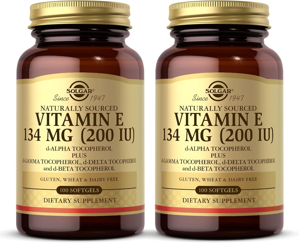 SOLGAR Vitamini E 200 IU - 100 Softgels, 2 Paket - Doğal Antioksi, Immune System Support - Gluten Free, Dairy Free - 200 Toplam Hizmetler