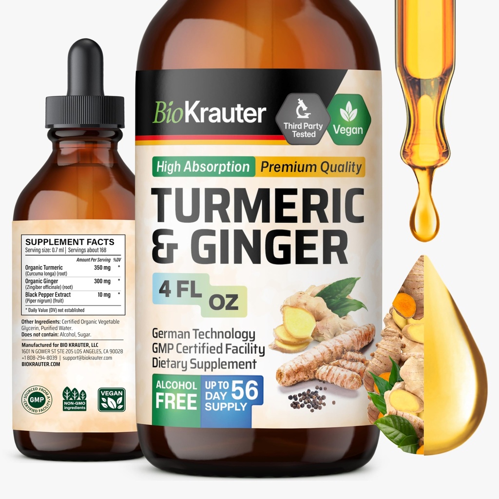 BIO KRAUTER® Turmeric ve Ginger Supplement - Pure Vegan Sıvı Turmeric & Ginger Tincture with Pepper 4 Fl.Oz 56 Days of Supply - Curcumin Drops for Joint Support, Antioksi & Immune Support, Antioksi & Immune Support