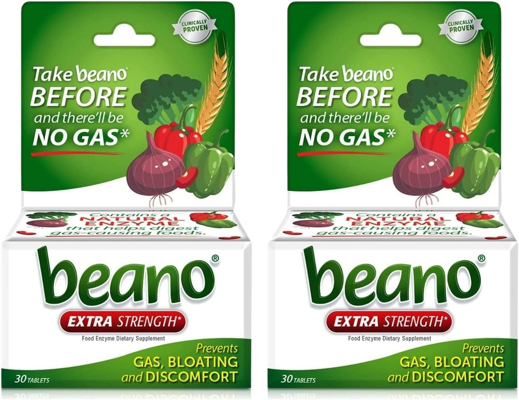 Beano Ekstra Kuvvet, Gaz Önleme & Digestive Enzyme Supplement, 30 Kont (Pack of 2)