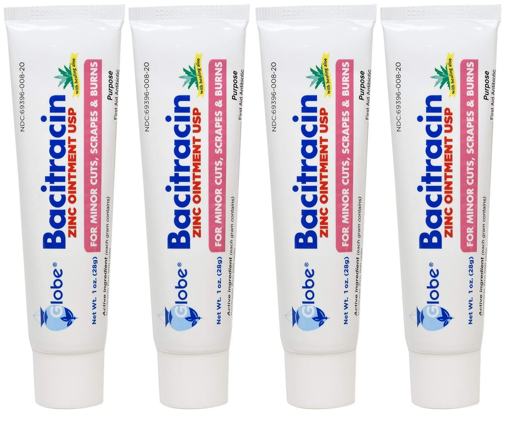(4 Pack) Globe Bacitracin çinko Ointment + Aloe 1oz, Antibiyotik Ointment, Essential Antibiyotik İlk Yardım Tankları, İyileştirme Eylemi, En Antibiyotik Güç, Enfeksiyonları kesintiye uğratmak, Burns
