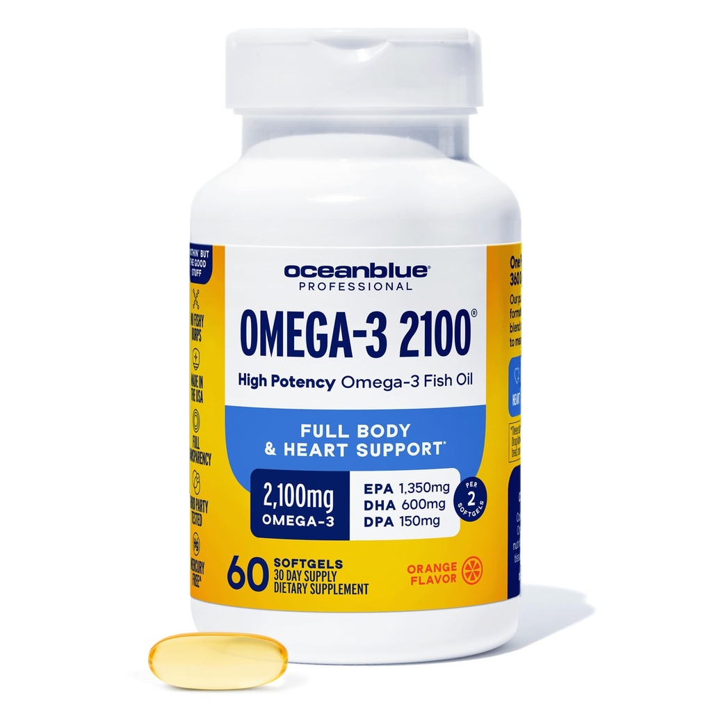 Oceanblue Professional Omega-3 2100 mg Fish Oil Supplement Triple Strength, High Potency EPA, DHA & DPA Burpless, Wild-Caught, Natural Orange Flavor 60 Softgels (Pack of 1)