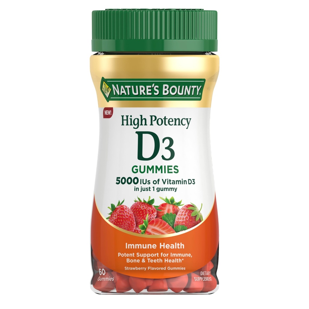 Nature's Bounty Vitamin D 5000 IU Gummies, Vitamin D3 Yüksek Potency Immune Support & Bone Health Supplement, 5000 IU in 1 Gummy, Strawberry Flavor, 2 ay Supply, 60 Vegetarian Gummies for Yetişkinler