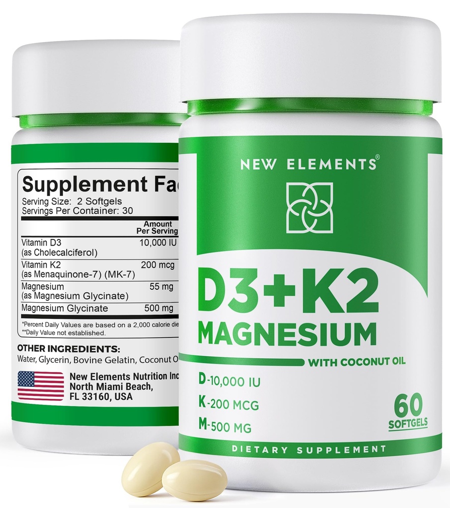 New Elements Vitamin D3 K2 10,000 IU with Magnesium Glycinate 500mg - Bone Health, Immune Support, Energy & Mood - Non-GMO, Gluten-Free, Sugar-Free Softgels for Women & Men (60 softgels)