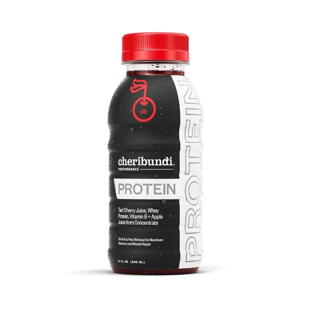 Cheribundi Tart Cherry PROTEIN - Tart Juice 45 Tart Cherries with B Vitamin Complex and 8g Whey Protein. 8 Fl Oz, (Pack of 12)