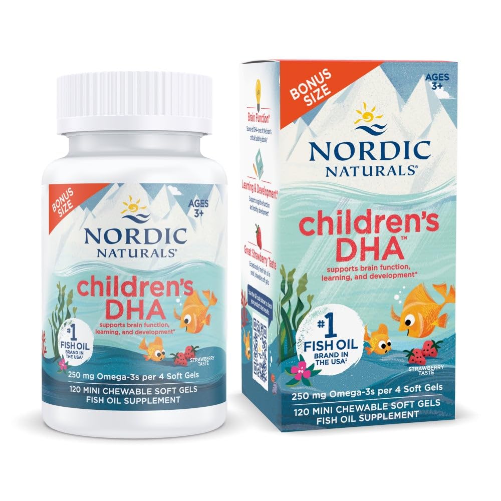 Nordic Naturals Children's DHA, Strawberry - 120 Mini Chewable Soft Gels for Kids - 250 mg Omega-3 with EPA & DHA - Brain Development & Function - Non-GMO - 30 Services