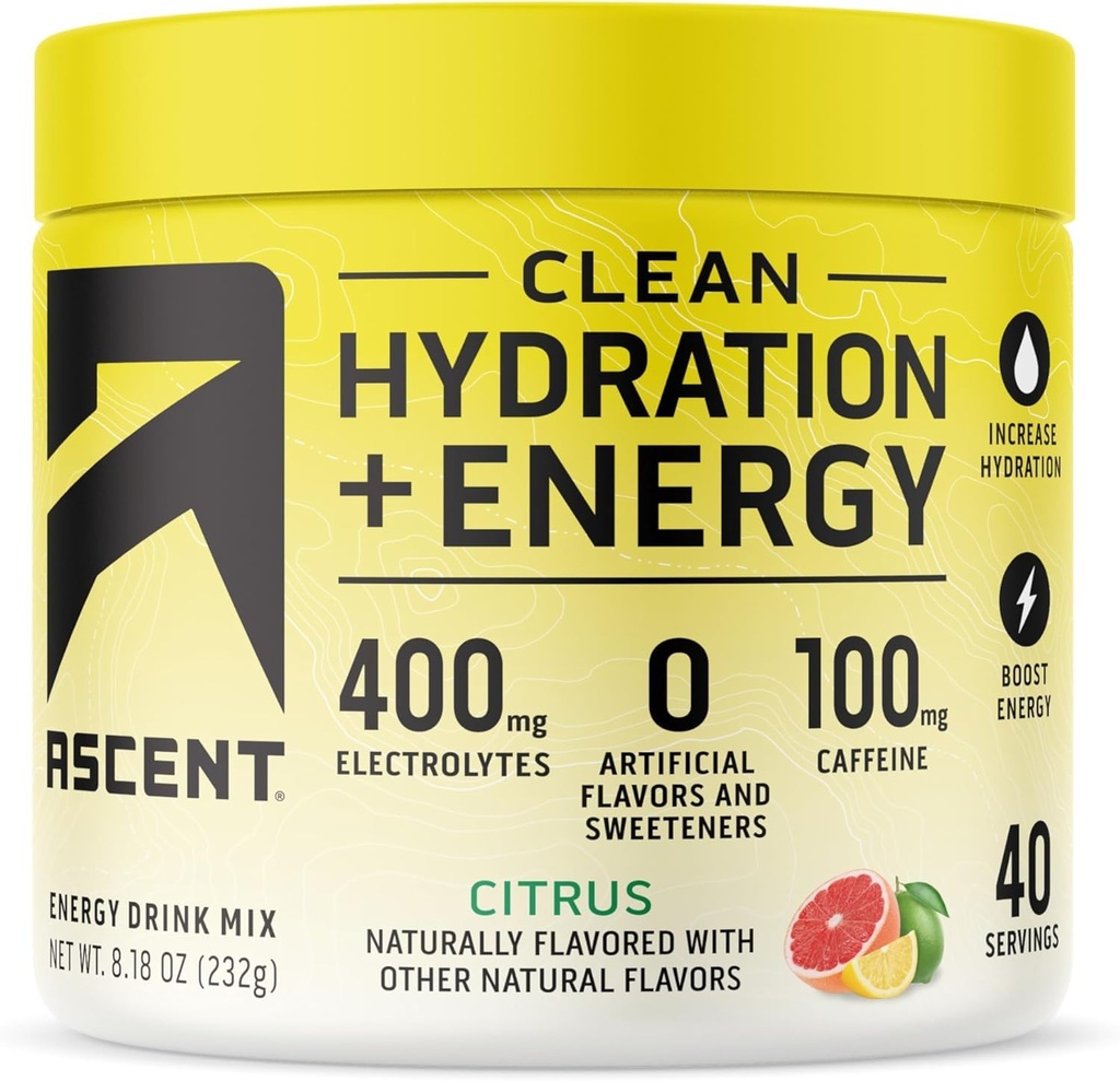 Ascent Clean Hydration + Energy Electrolytes Toz - 100 mg Caffeine, 400 mg Electrolytes, No Yapay Malzemeler, Citrus 40 Hizmetler