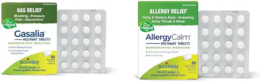 Boiron Gasalia Tabletleri 60 Kont ve AlerjiCalm Tabletleri Gaz, Bloating, Allergies ve Hay Ateşi için 60 Numara