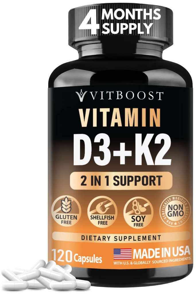 VITBOOST Vitamin D3 K2 Kompleks - Swallow'a Kolay - D (D3) 5000 IU (125 mcg) & K2 (MK-7) 90 mcg | Non-GMO | Gluten-Free | USA Made | 120 Capsules