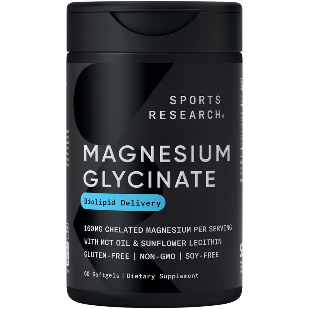 Sports Research® Magnezyum Glycinate - Destekler Restful Sleep & Enzymatic Processes - 160 mg Chelated - Liquid Softgel - 60 Count