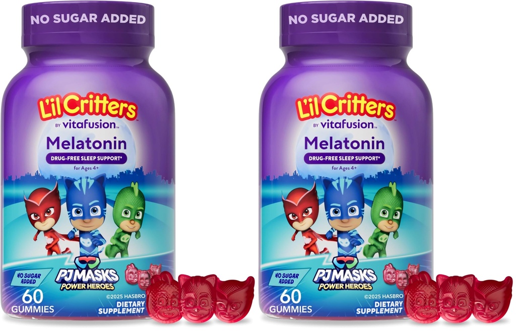 L'il Critters PJ Maskes Gummy Melatonin Supplement for Kids, Drug-Free Sleep Support, 60 Gummies (Pack of 2)