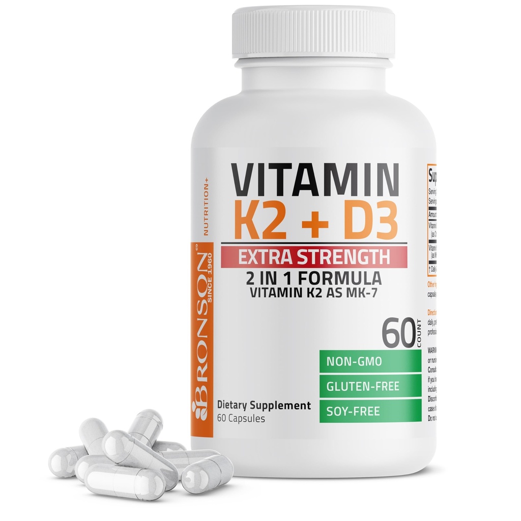 Bronson Vitamin K2 (MK7) D3 Ekstra Kuvvetli Kemik Sağlığı Non-GMO Formula 10.000 IU & 120 mcg MK-7 Swallow D K, 60 Capsules