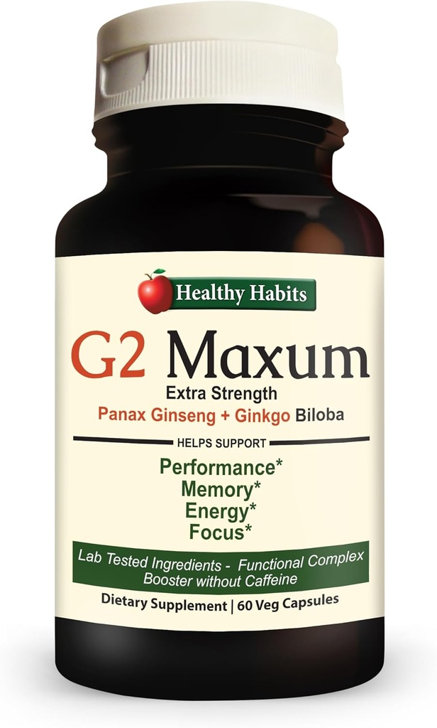 Sağlıklı Alışkanlıklar G2 Maxum Ekstra Güçlü Panax Reality Plus Ginkgo Biloba Enerji ve Bilişsel Fonksiyonlar 60 Veg Capsules'ı Şişede Güçlendirmek için Yaptı