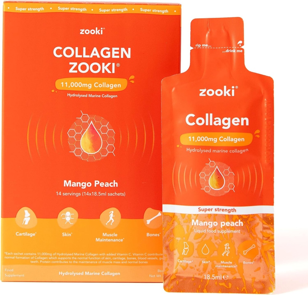 Zooki Super Strength Marine Collagen Liquid Sachets 11,000mg – Great Taste, Sugar Free – Highest Strength Marine Collagen Supplements for Women & Men – Skin, Joints & Hair (Mango Peach, 14 Servings)