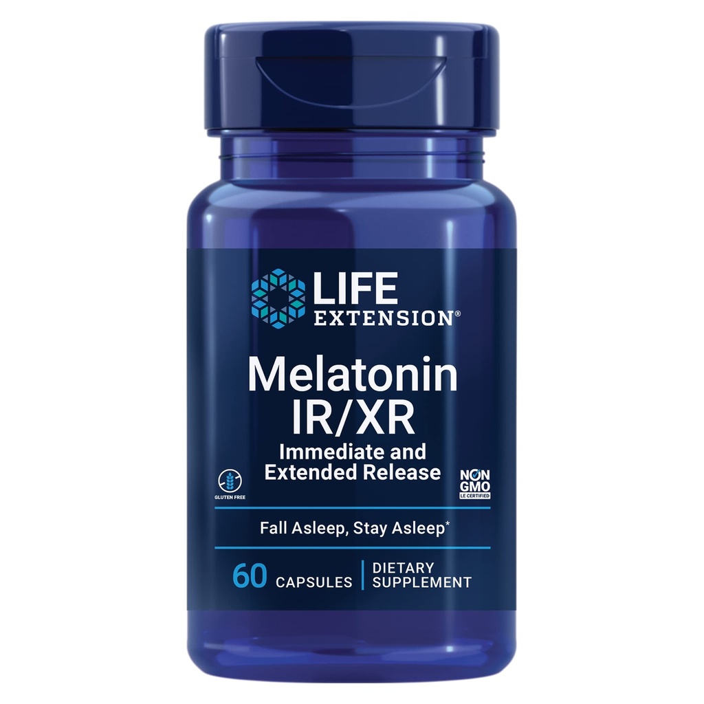 Life Extension Melatonin IR/XR, 1.5 mg, hemen ve Genişletilmiş Uyku Desteği için Formula, Sağlıklı Uyku Rhythms, Hücre Savunması, Gluten-Free, Non-GMO, 60 Capsules