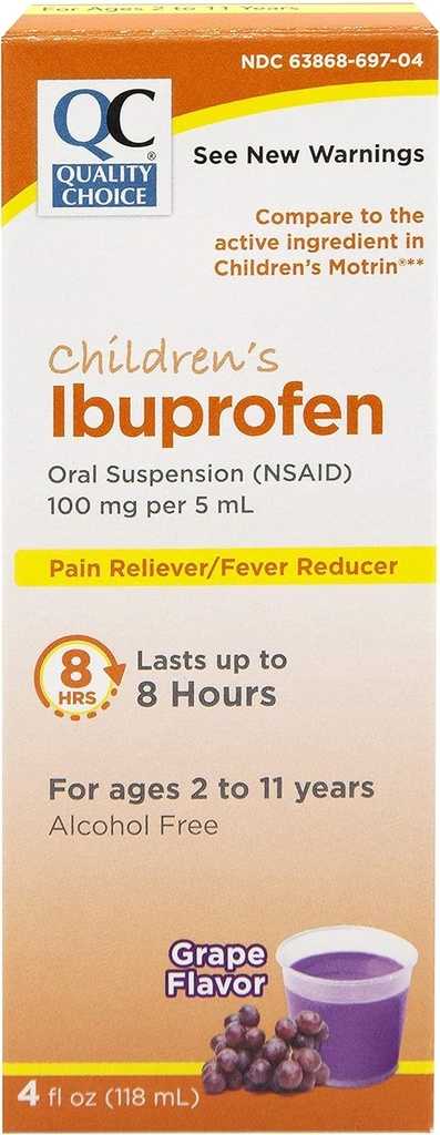 Quality Choice Children's Ibuprofen 100mg Oral Suspension, Pain/Fever Reducer, Grape Flavor 4 FL OZ