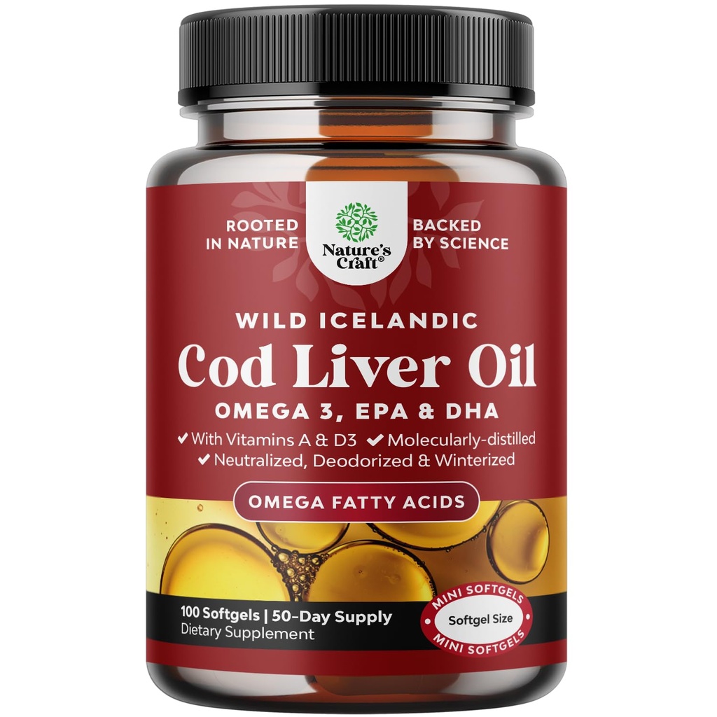 İzlandalı Vahşi Caught Cod Liver Oil Softgels - Fish Omega 3, EPA, DHA, D & A, 1000 mg Per Service - Burpless Capsules for Heart, Joint, Brain & Immune Support - 100 Count