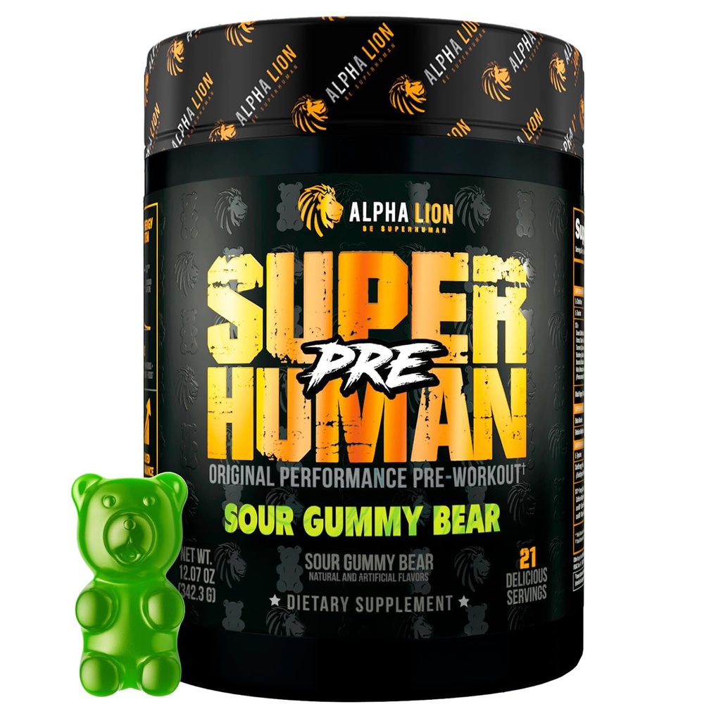 ALPHA LION Superhuman Pre Workout Toz, Beta Alanine, L-Taurine & Tri-Kaynak Sustained Energy & Focus, Nitrik Oksit & Citrulline for Pump (21 Hizmetler, Sour Gummy Bear Flavor)