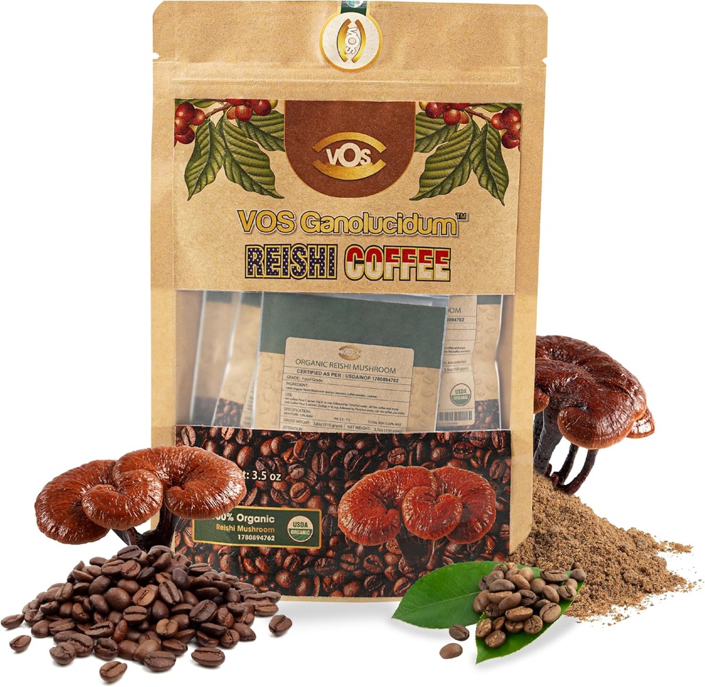 VOS GANOLUCIDUM -% 100 Organik Reishi Kahve, 1 Reishi Mushroom with Coffee, 5 Sachets, Great Tasting, Mushroom Supplement, Support for Energy & Immunity Supplement (0.7 oz each)