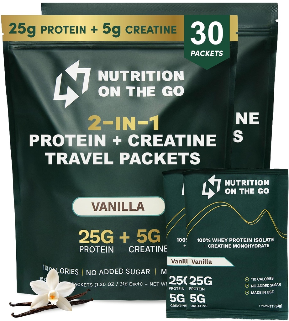 Go Whey proteini, 25g proteini + 5g Kretine – Single-Serve Travel Protein Toz – Vanilla (30-Pack)
