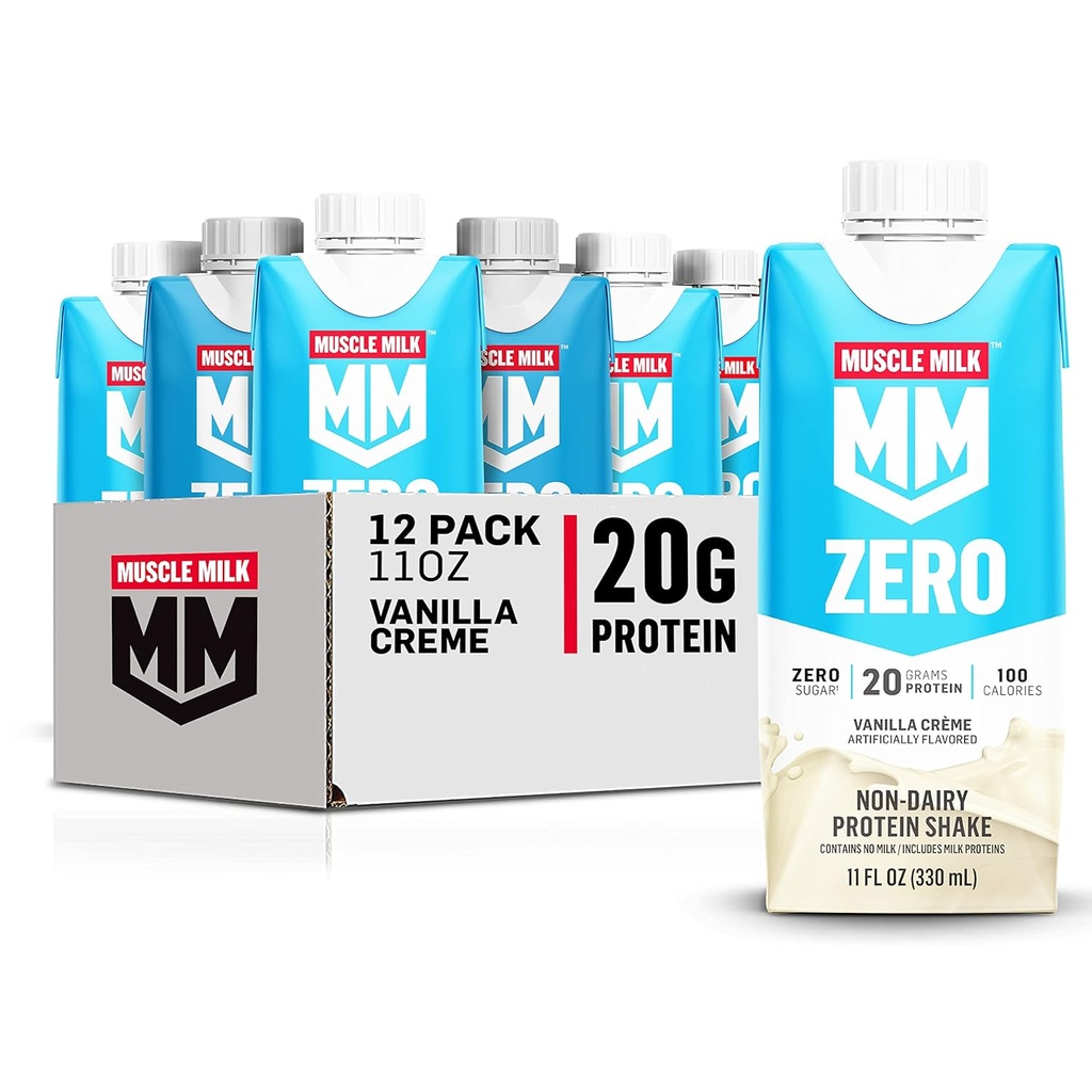 Muscle Milk Zero Protein Shake, Vanilla Crème, 11 Fl Oz Carton, 12 Pack, 20g Protein, Zero Sugar, 100 Calories, Calcium, Vitamins A, C & D, 4g Fiber, Energizing Snack, Packaging May Vary,12 Count (Pack of 1)