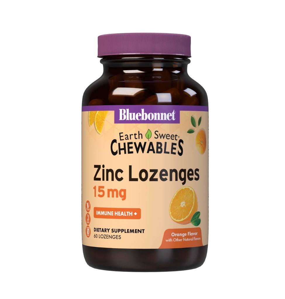Bluebonnet Beslenme Earthsweet çinko Lozenges 15 mg Chewables, Plus 100 mg C, Soy-Free, Gluten-Free, Kosher sertifikalı, Süt-Free, Vegan, Orange Flavored, 60 Lozenges