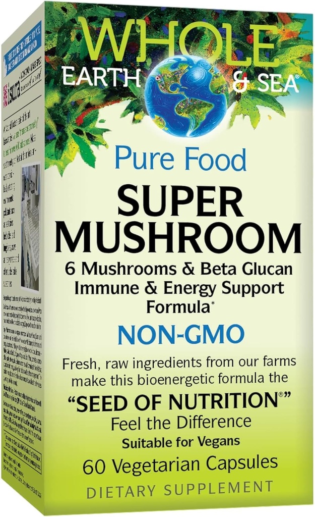 Tüm Dünya ve Deniz Doğal Faktörlerden, Super Mushroom, Whole Food Supplement, Vegan, 60 vejetaryen kapsül (60 hizmet)