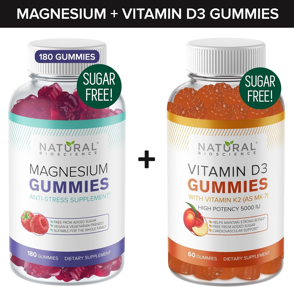 Sugar-Free Magnezyum Gummies (180 Gummies) & Sugar-Free Vitamin D Gummies (60 Gummies) – Immune Support & Relaxation Value Sche, Gelatin-Free, Gluten-Free, Vegetarian, All Natural, GMO-Free, Kosher